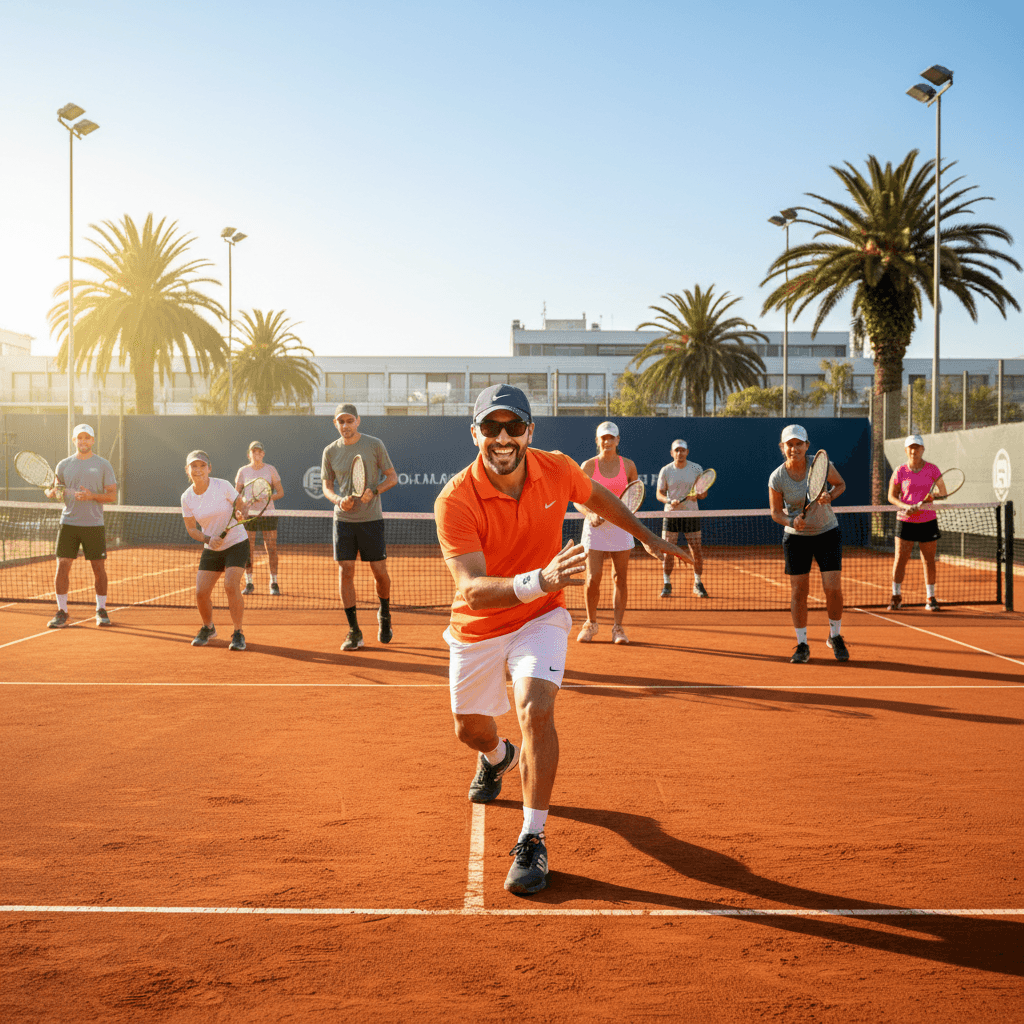 Coach leading group training drill with multiple players