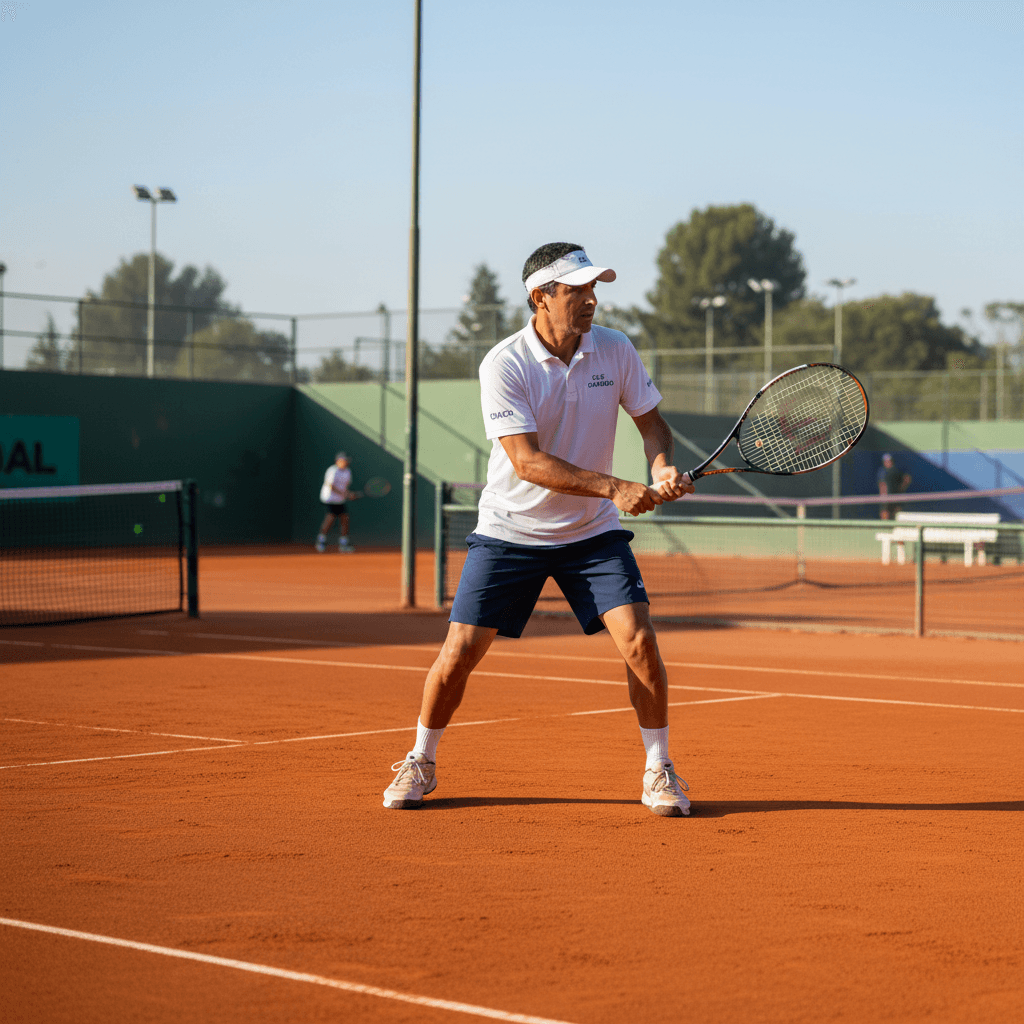 Professional tennis coach demonstrating forehand technique on clay court