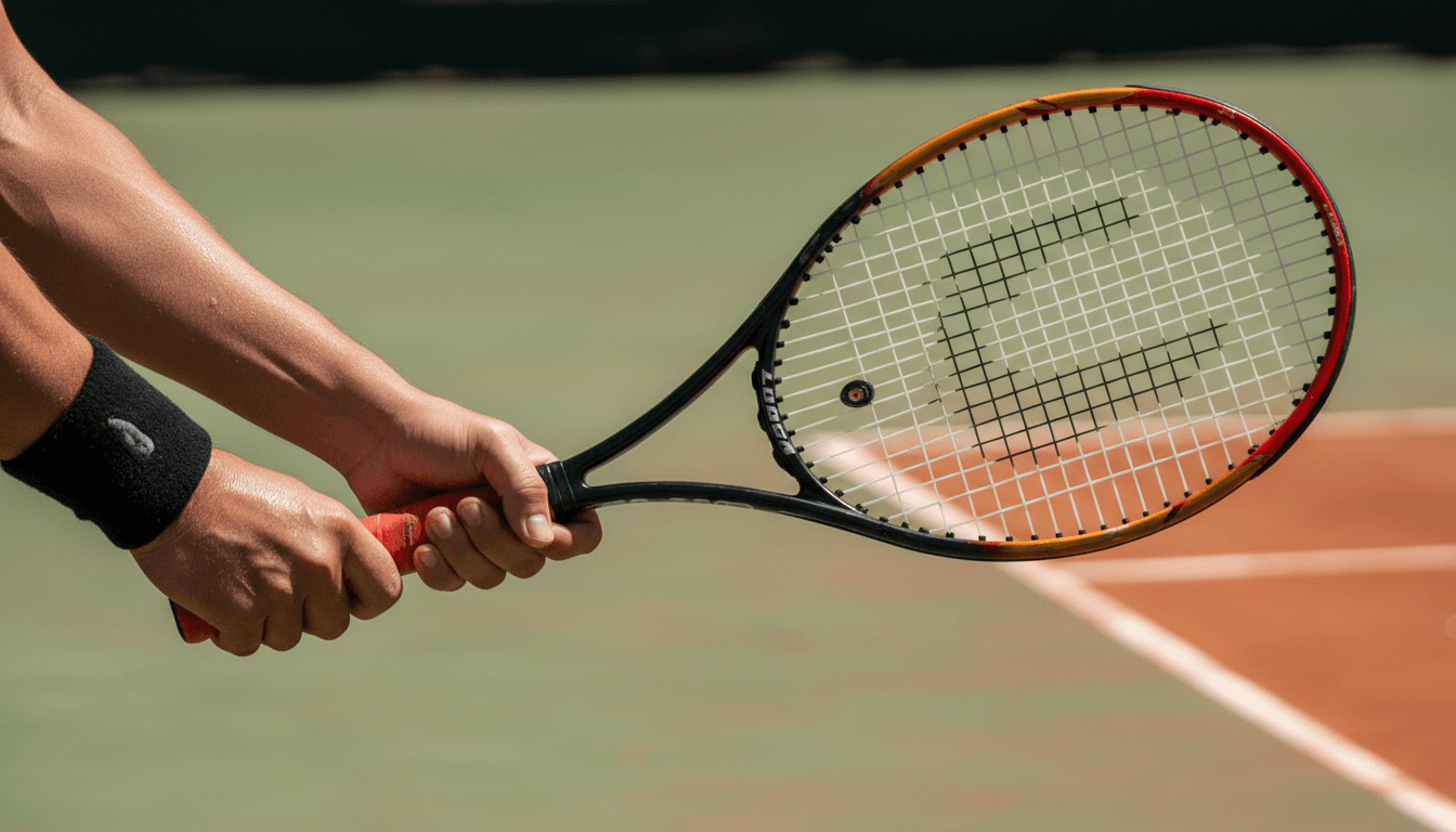 Close-up of tennis player's grip on racket