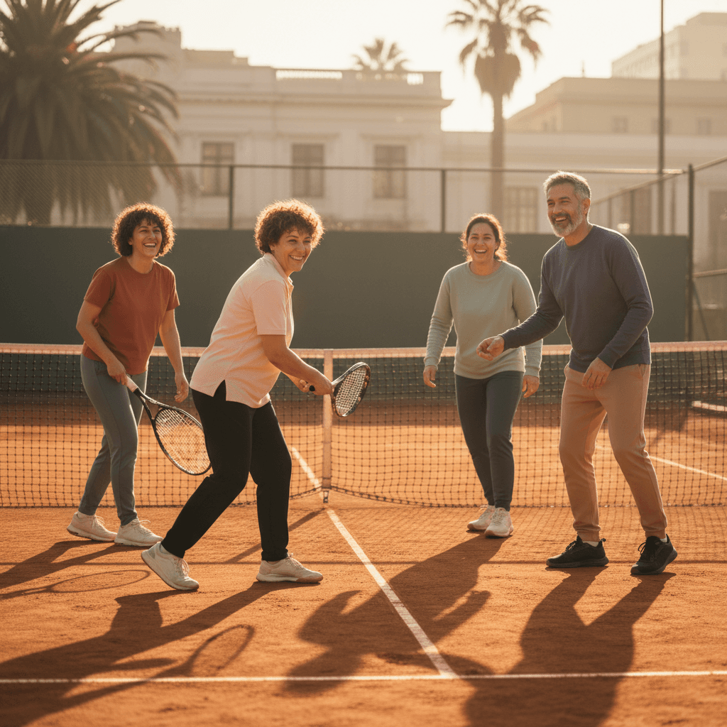 Mature players enjoying a recreational tennis session at cdrailafquen