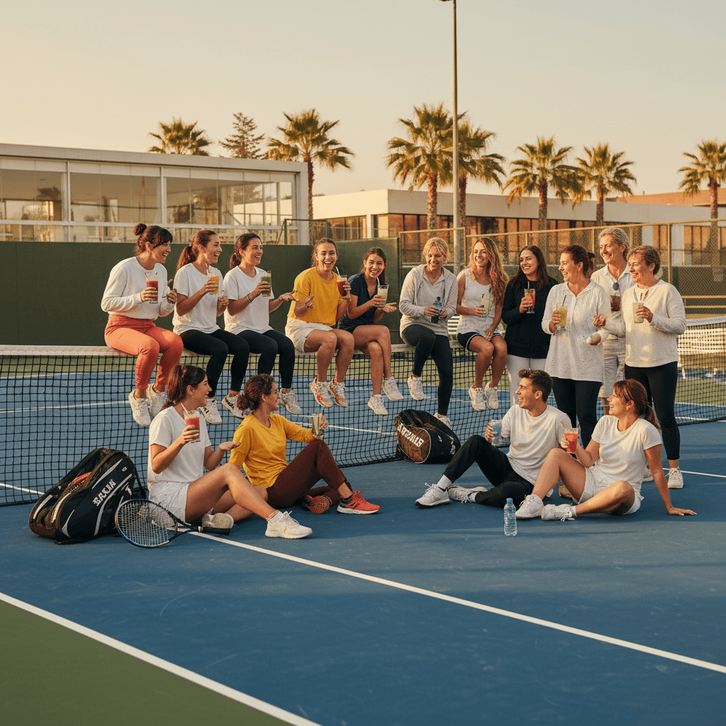 Community members socializing after a tennis session at cdrailafquen in Santiago