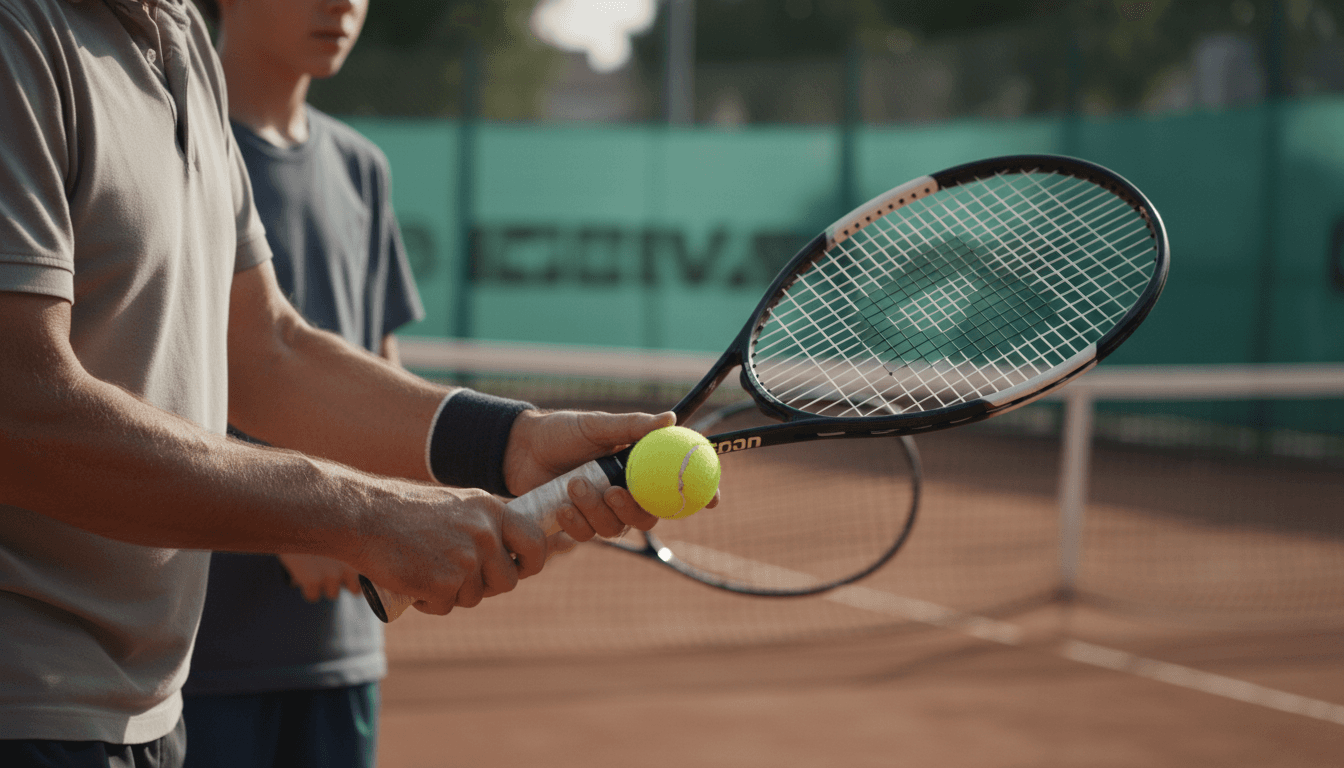 Coach demonstrating proper tennis technique to a student