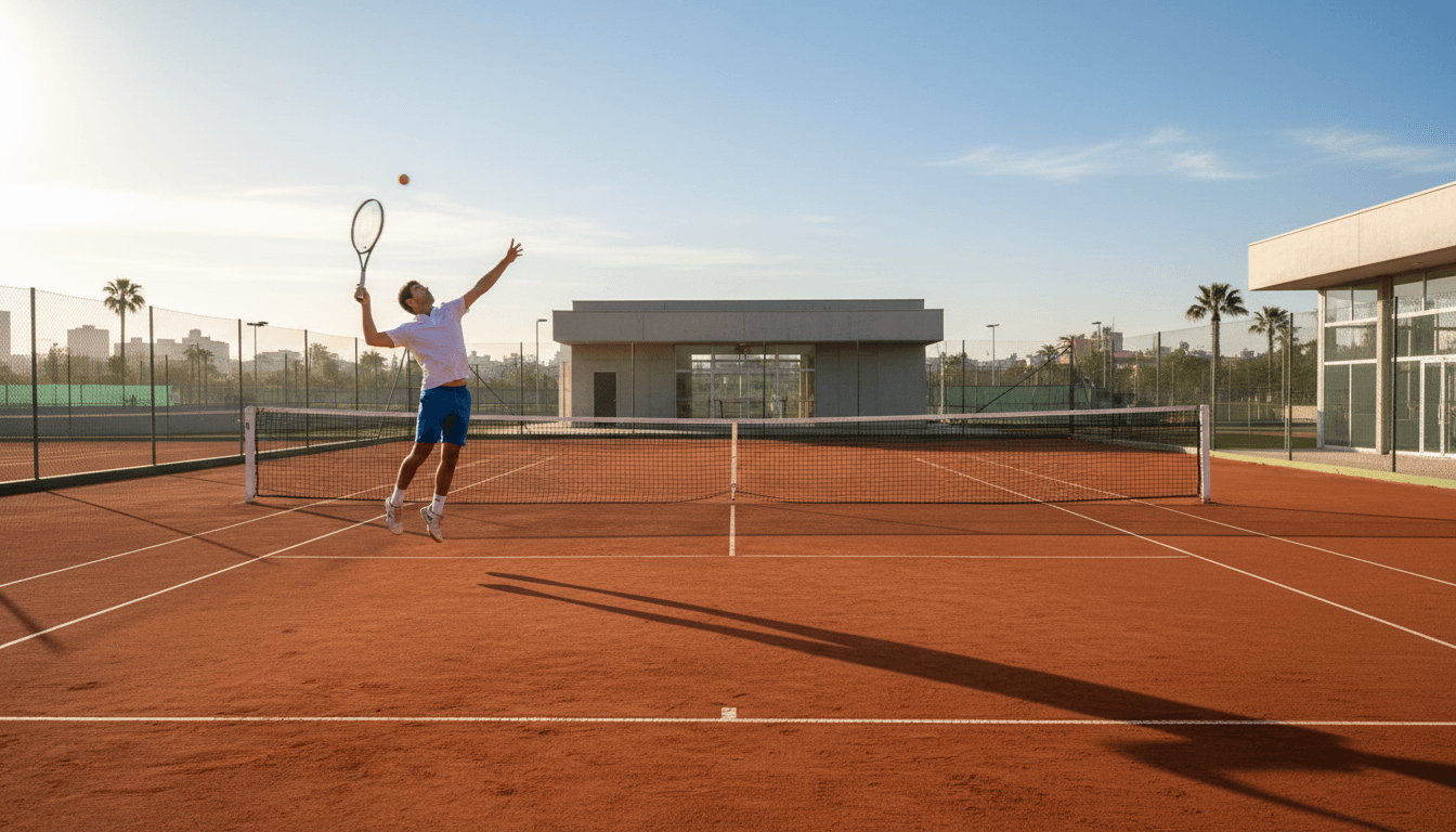 Tennis player serving on a clay court at cdrailafquen in Santiago